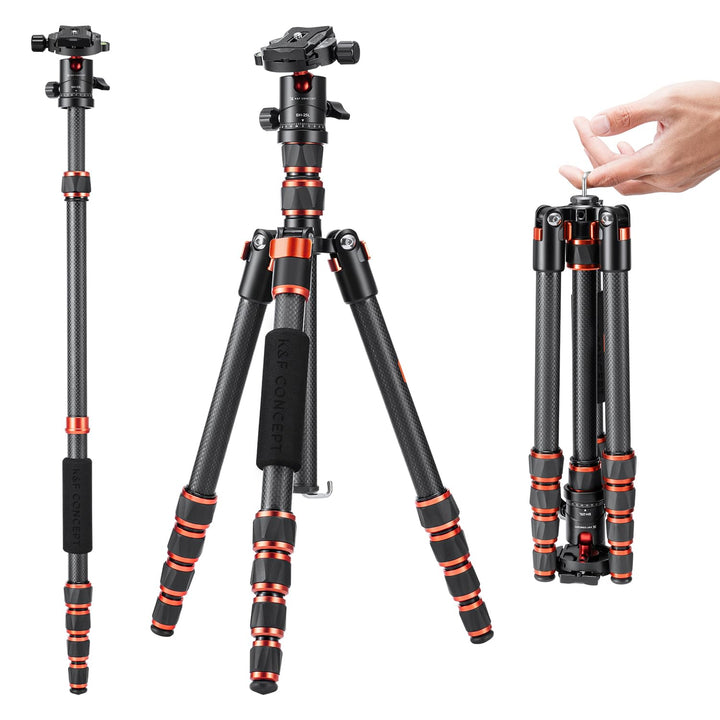 K&F Concept 152cm Carbon Stativ, Leichtes Tripod, Flexibles Kamera Stativ mit 360° Kugelkopf, 1/4''