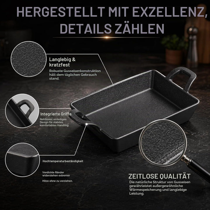 RANJIMA Grillpfanne Gusseisen, 24x17 cm Grillplatte mit Zwei Griffen, Cast Iron Pan Gusspfanne Steak