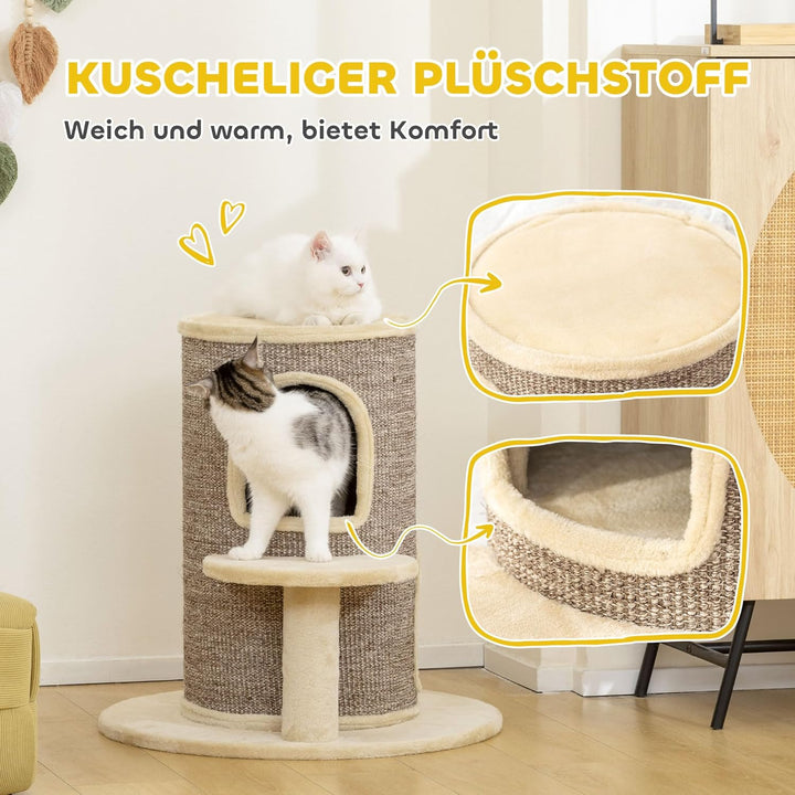 PawHut Kratztonne für Katzen, 61 cm Hoch Katzentonne mit 2 Höhlen, Kratzbaum mit Sprungplattform, Ka