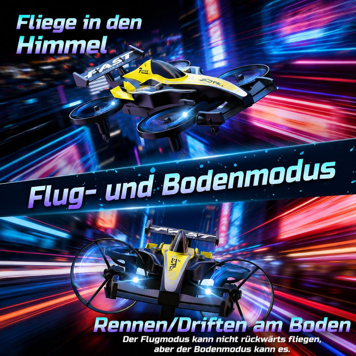 DEERC HT35 2-in-1 Drohne und RC-Auto für Kinder, ideal für Anfänger, Gelb | 3 Geschwindigkeitsstufen