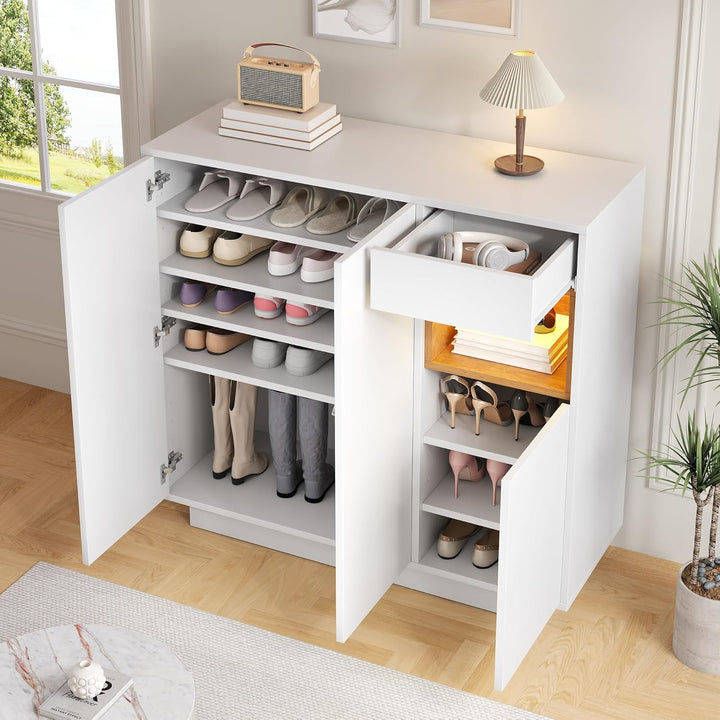 Merax Moderner Schuhschrank, 105 x 39,5 x 100,5 cm, mit LED in 16 Farben, verstellbare Regale für 14