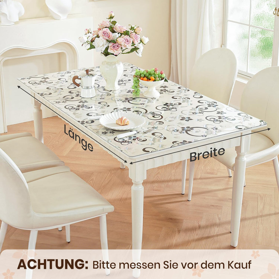 Tischfolie Transparent mit Blumenmuster 40 x 100 cm, 2mm Transparente Tischdecke Tischschutz, PVC Gl
