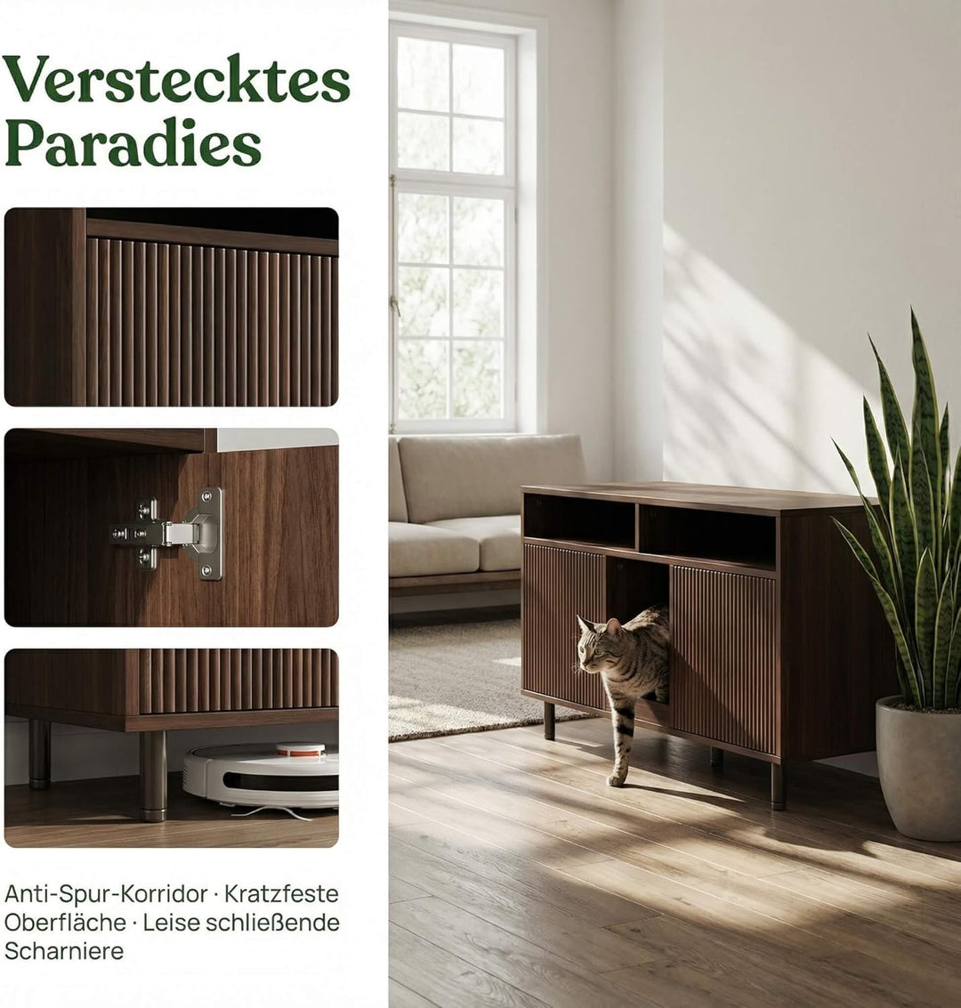 Katzenklo Schrank für 2 Katzen mit Sandauffangmatte, XXL Sideboard für Katzentoilette Versteckt, Mul