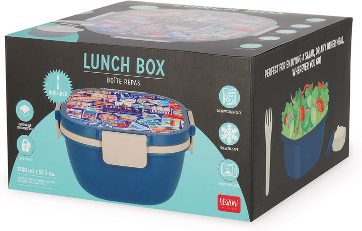 Legami – Lunchbox Travel Stickers, 1 Gabel, 1 Tablett mit Fächern, 1 herausnehmbarer Gewürzbehälter