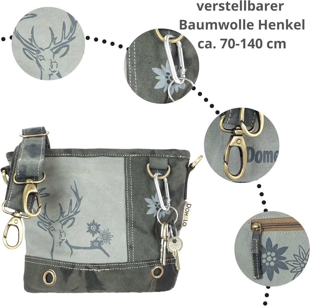 Domelo Damen Trachtentasche. Umhängetasche mit Hirsch &amp; Edelweiss Aufdruck. Graue Crossover Bag in V