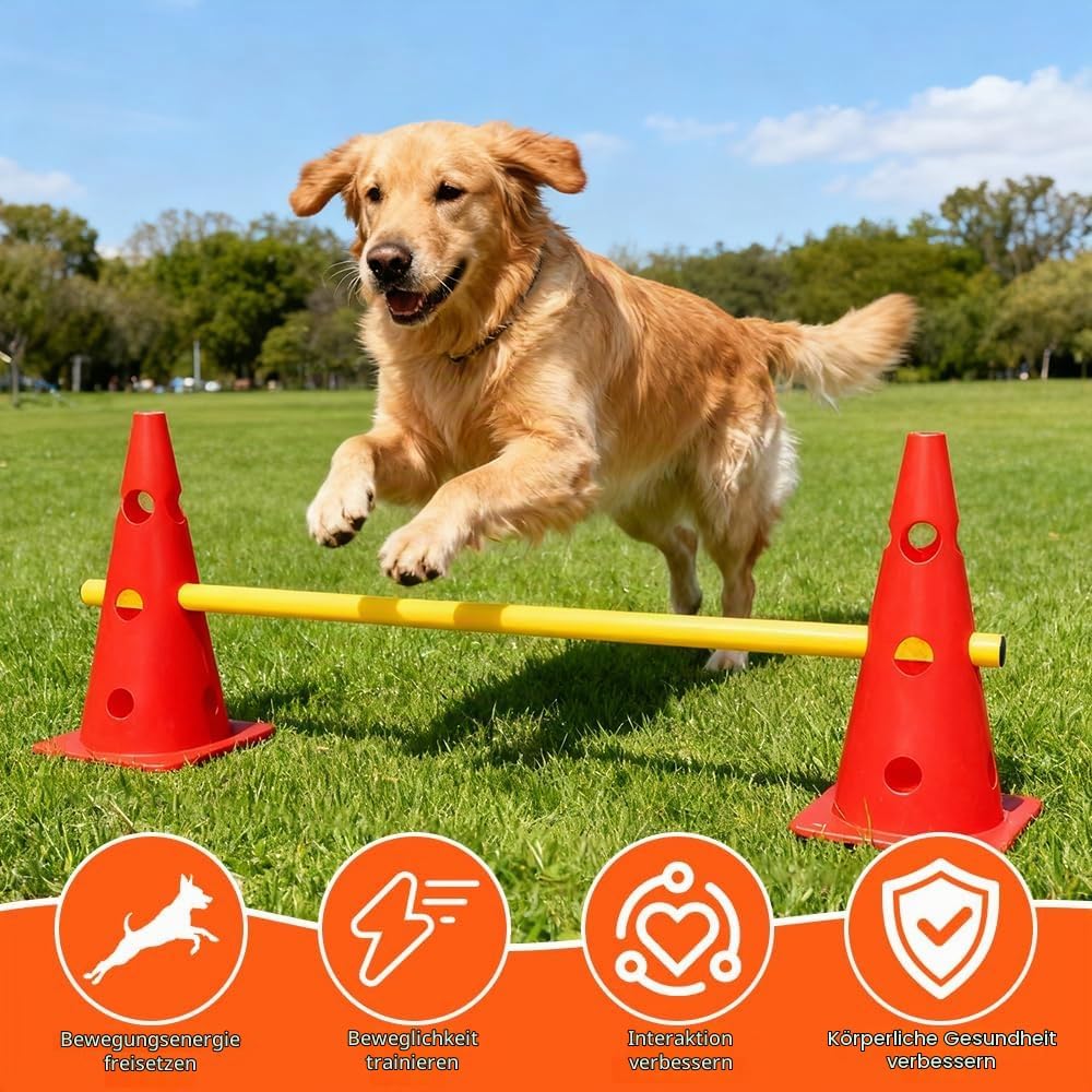 Steckhürdenset, Agility Set Hunde mit 8 Kegel(32cm) + 4 Stangen(80cm), Cavaletti Hund für Koordinati
