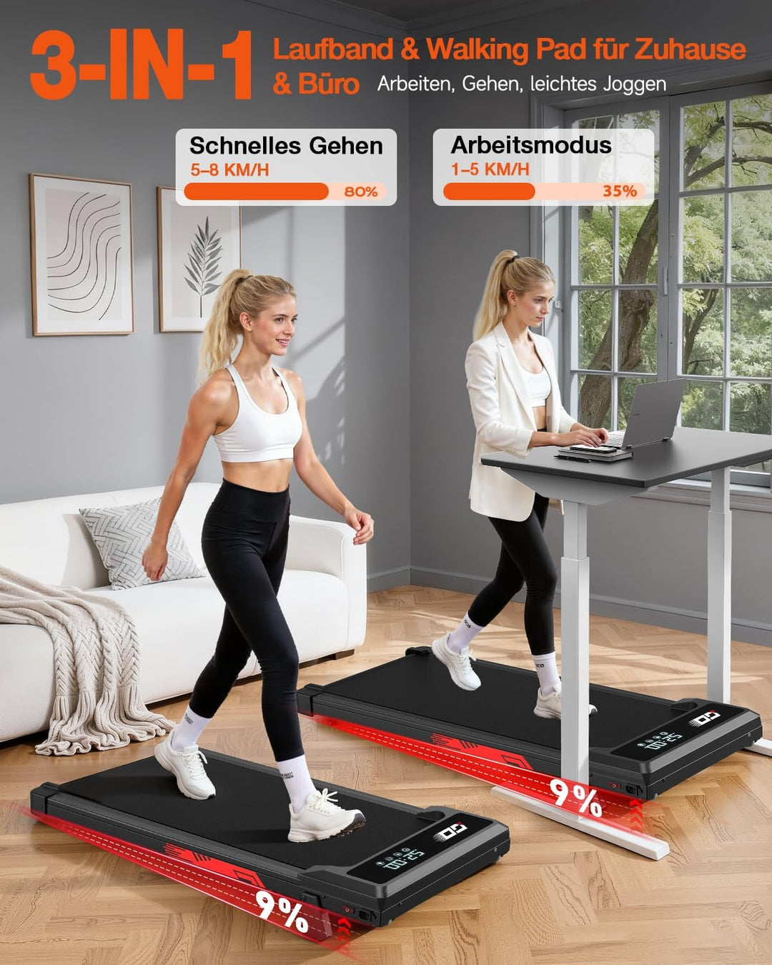Walking Pad Laufband klappbar mit 9% Steigung und 1-10 km/h, leiser bürstenloser 3,0-PS-Motor, bis 1
