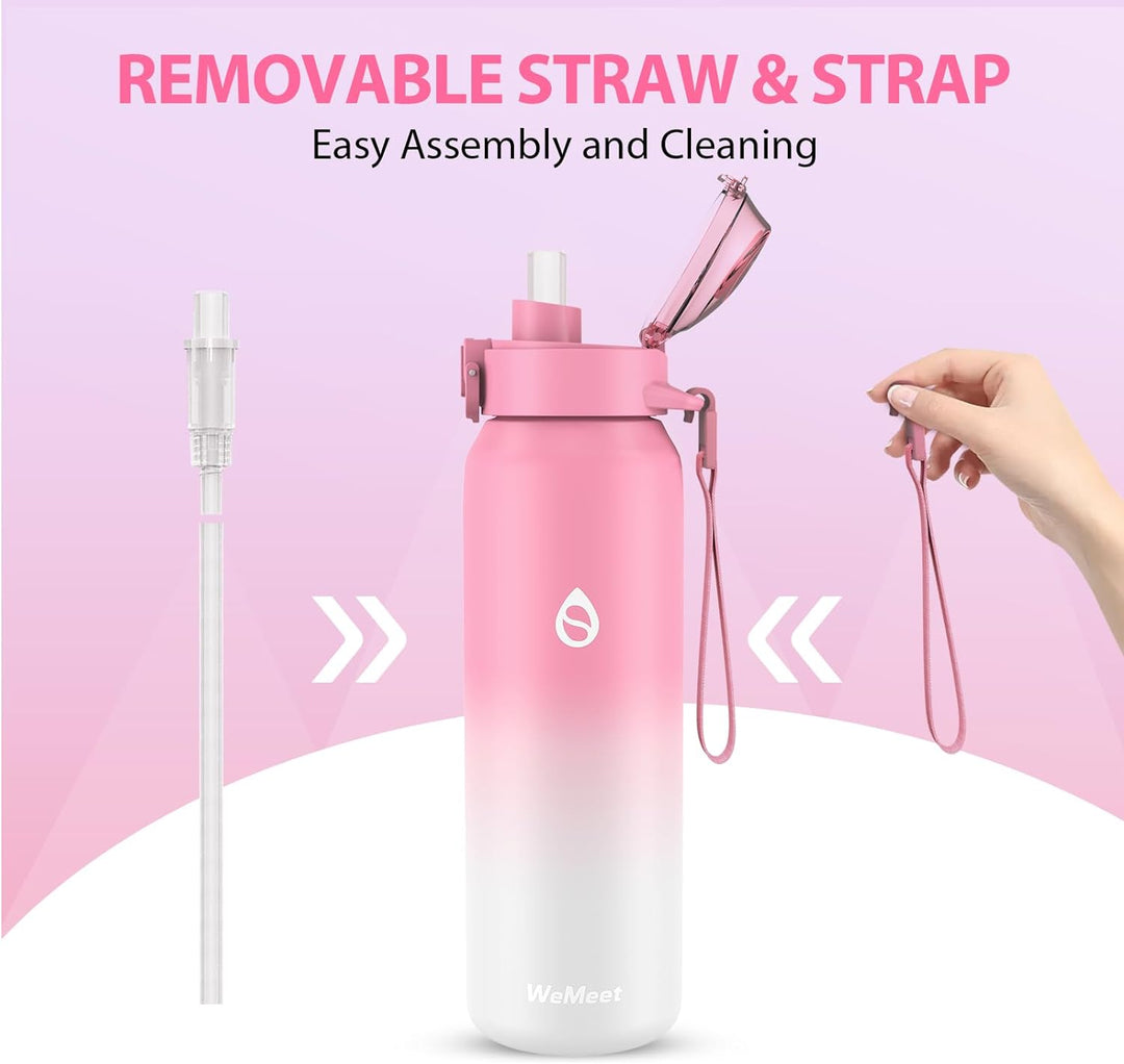 WEMEET Trinkflasche 18/10 Edelstahl mit Abnehmbare Strohhalm 1000ML, Auslaufsicher Edelstahlflasche