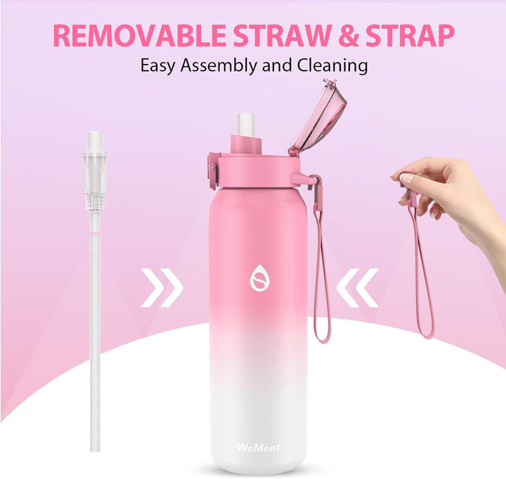 WEMEET Trinkflasche 18/10 Edelstahl mit Abnehmbare Strohhalm 1000ML, Auslaufsicher Edelstahlflasche
