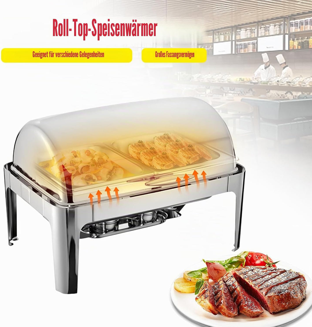 9l Edelstahl Speisenwärmer, Chafing Dish Mit Rolldeckel Speisenwärmer Warmhaltebehälter, Heizplatten
