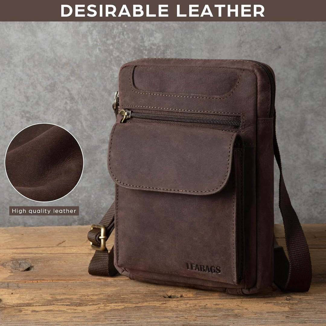LEABAGS Men's Leather Small Shoulder Bag, Messenger Bag with Shoulder Strap, Men's Travel Bag Nature