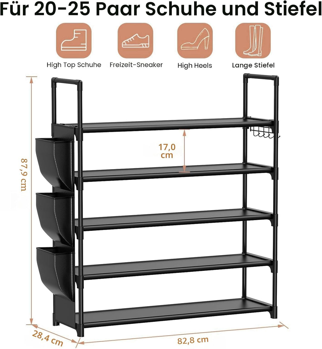 Schuhregal mit 5 Ebenen, Shoe Rack für 20-25 Paar Schuhen, Schuhorganizer mit Haken und Seitentasche