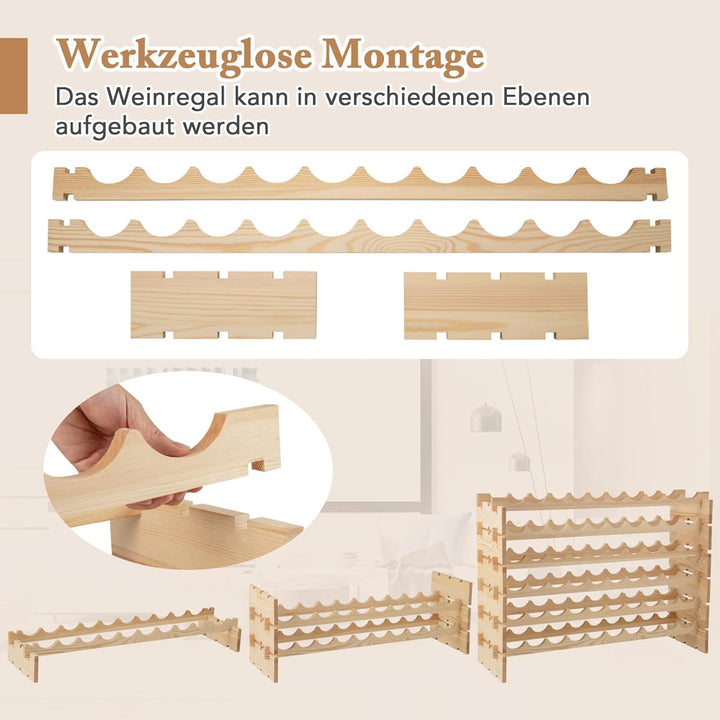 COSTWAY Weinregal Holz stapelbar, Flaschenregal für 60 Flaschen, Weinständer mit 6 Ebenen, Holzregal
