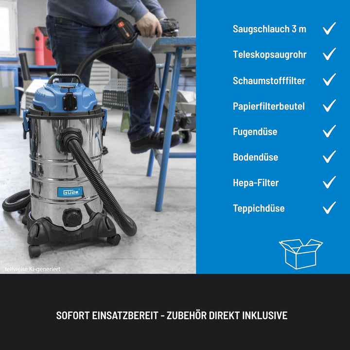 Güde 30 L 17002, NASS-TROCKENSAUGER GNTS 30L, Blau, Silber, schwarz, 1600 W, 85 Dezibel 1600W / 30L,