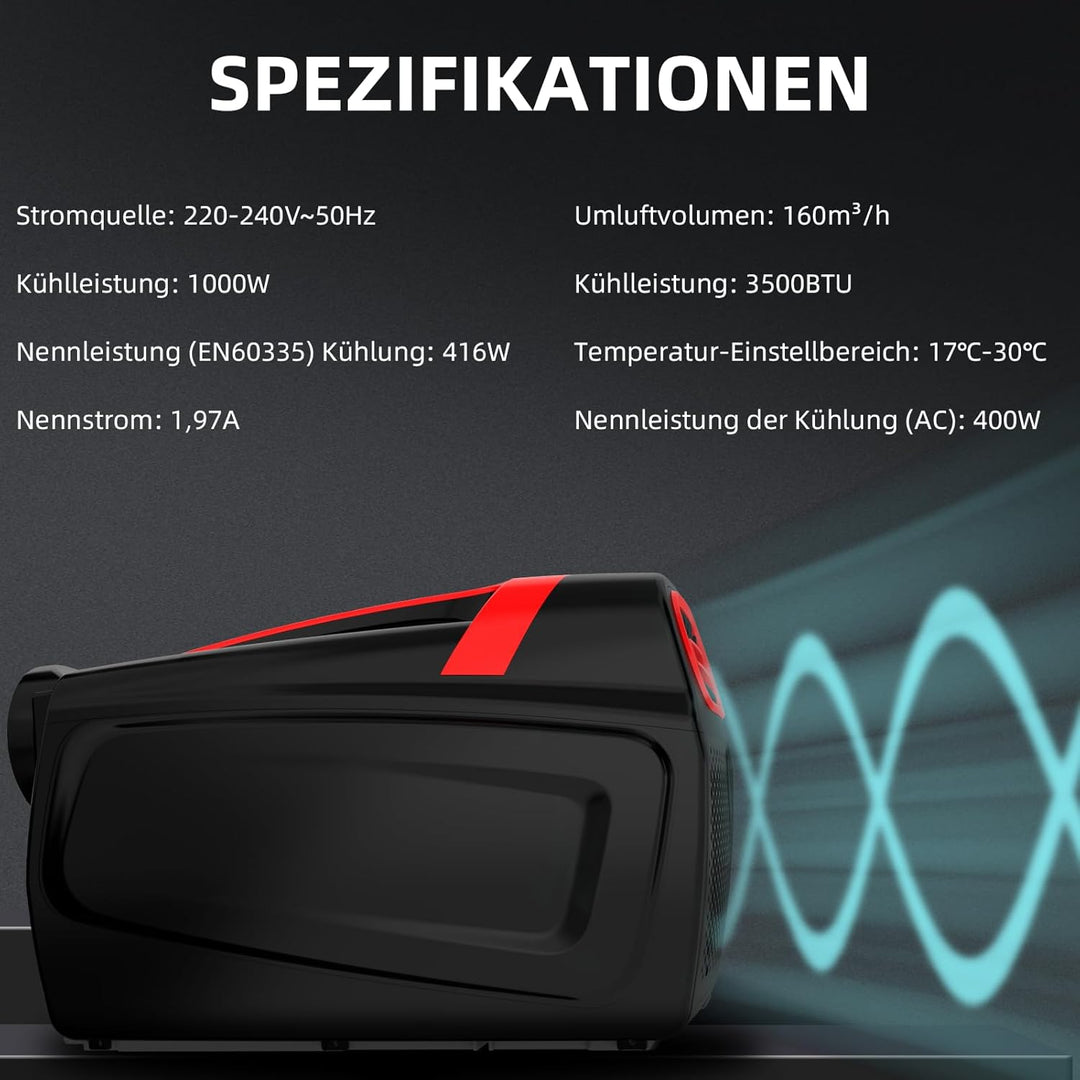Mobile Klimaanlage mit 3500BTU, Schnelle Kühlung 3 in 1 Luftkühler mit Abluftschlauch - Kühlung, Ven