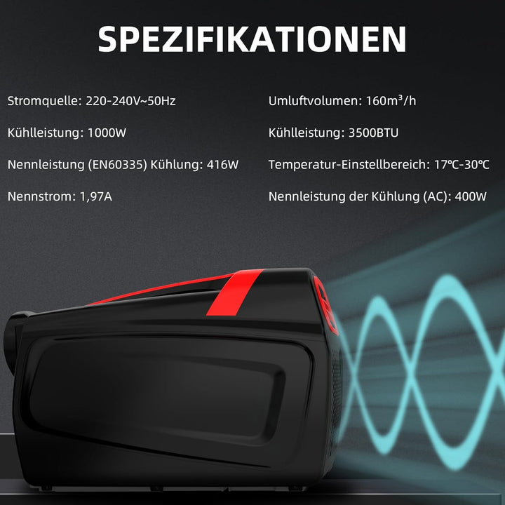 Mobile Klimaanlage mit 3500BTU, Schnelle Kühlung 3 in 1 Luftkühler mit Abluftschlauch - Kühlung, Ven