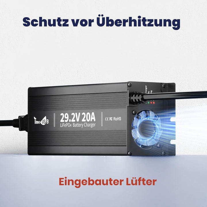 Timeusb 29,2V 20A LiFePO4 Ladegerät Batterieladegerät 24V Lithium Akku Ladegerät, Vorlade- und 0V-La