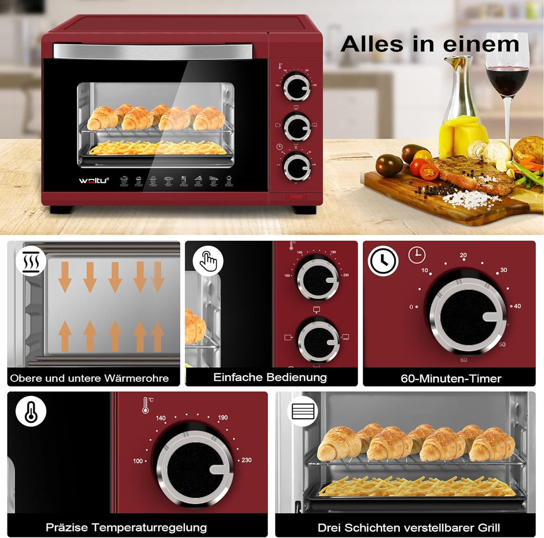 WOLTU Mini Backofen 21 L, elektrischer Minibackofen, Miniofen, Pizzaofen, 1280 W, 100-230 °C, Timer
