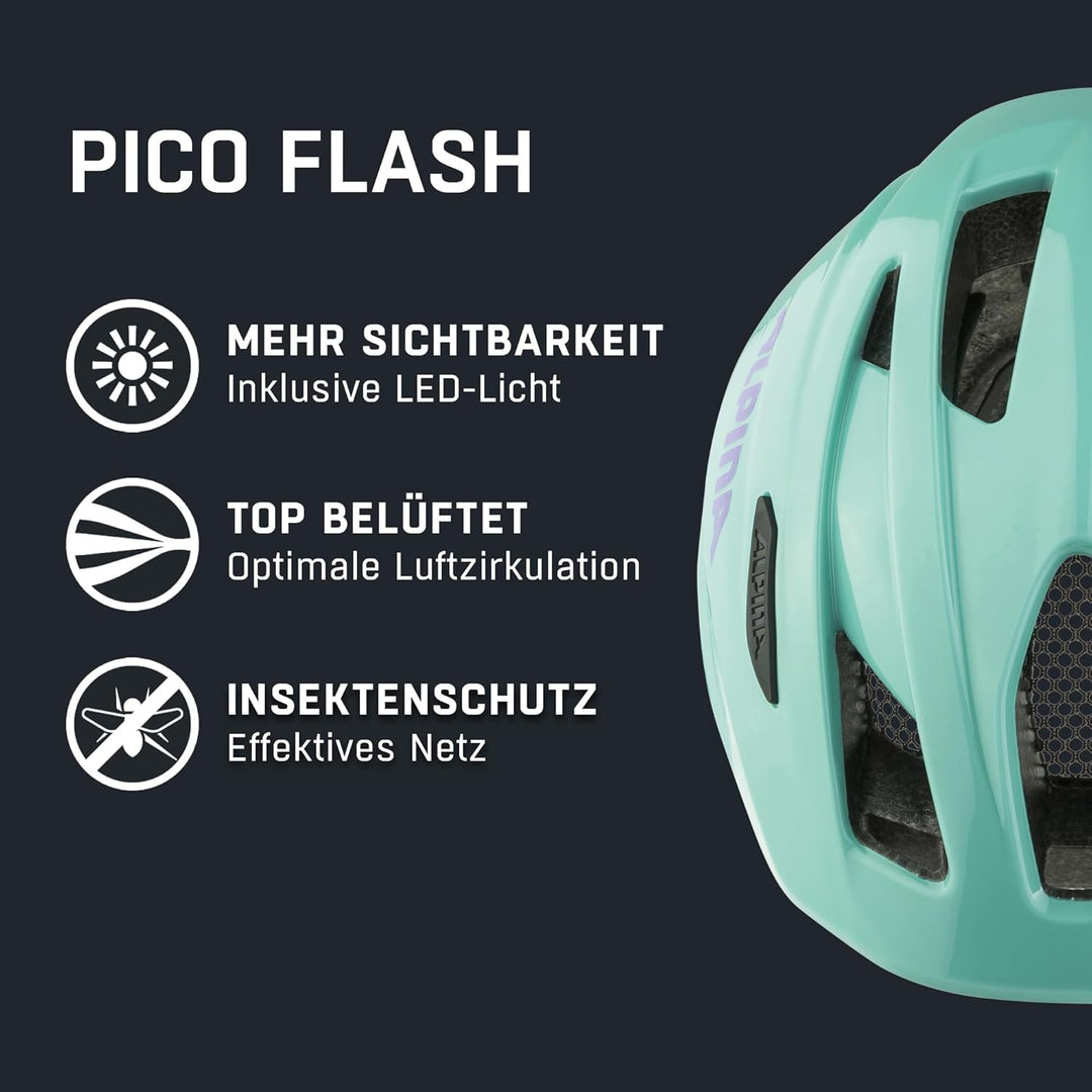ALPINA PICO FLASH - Beleuchteter, Leichter & Bruchfester Fahrradhelm Mit Fliegennetz Für Kinder turq
