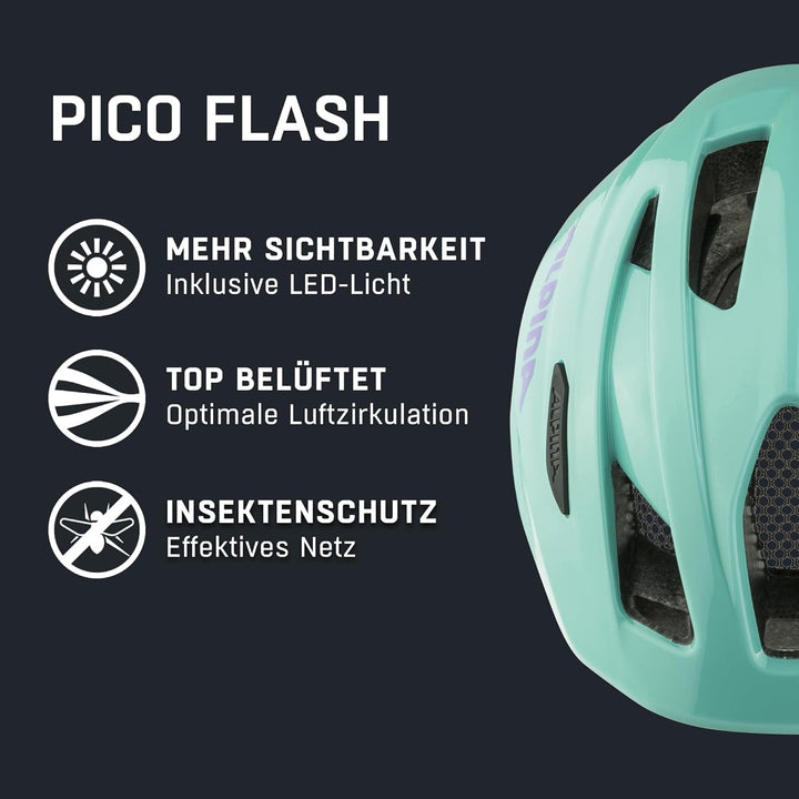 ALPINA PICO FLASH - Beleuchteter, Leichter & Bruchfester Fahrradhelm Mit Fliegennetz Für Kinder turq