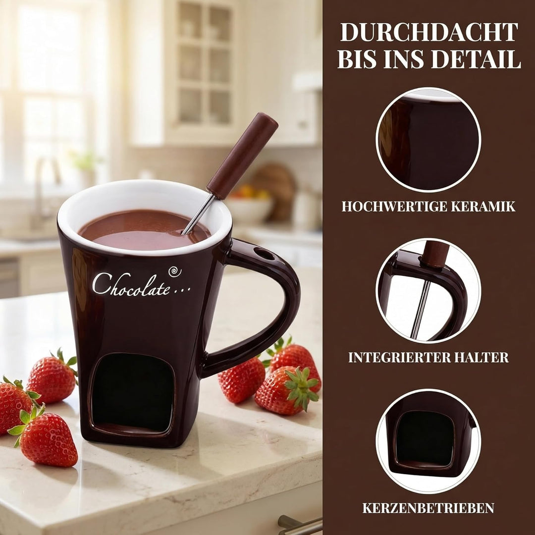 2 Stück Schokofondue Tasse, Käsefondue Set mit Gabel, Keramik Tasse Schoko Fondue, Schokoladenfondue