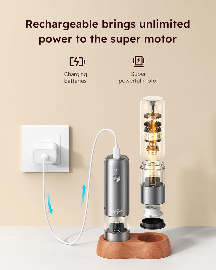 Sangcon Mini Elektrisches Salz- und Pfeffermühlen-Set mit Holzsockel, Tragbare USB Aufladbare Kinder