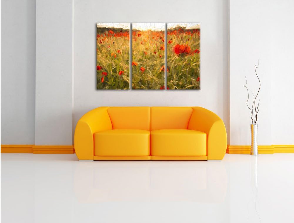 Pixxprint Mohnfeld bei Sonnenuntergang als Leinwandbild/Grösse: 3 Teilig (120x80 cm) cm/Wandbild/Kun