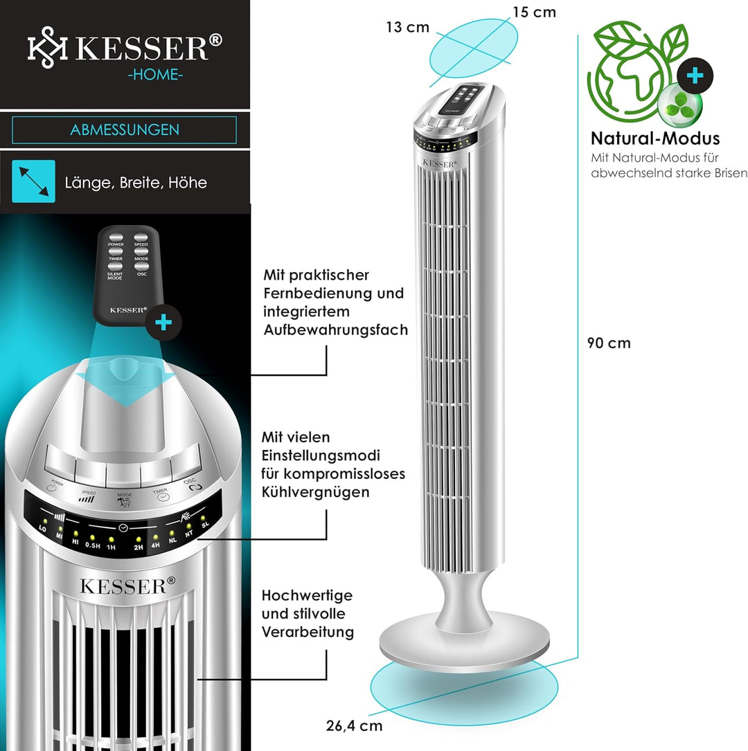 KESSER® Turmventilator mit Fernbedienung | 90° Oszillationswinkel | 3 Stufen | 90 cm |+ Timerfunktio