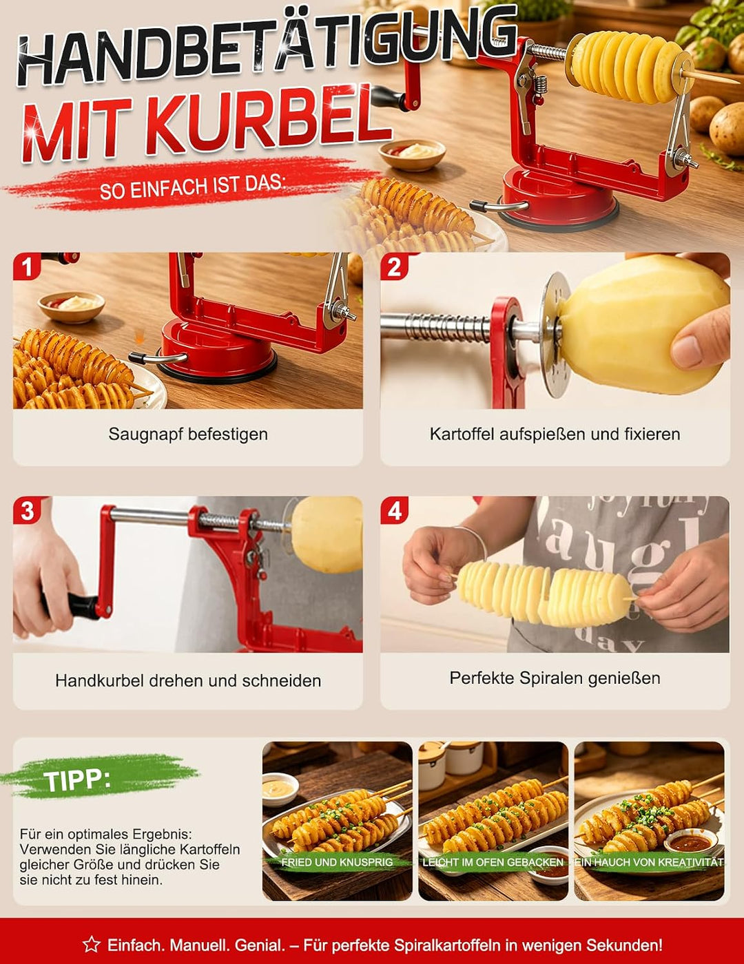 Kartoffelspiralschneider Edelstahl Manuell – Spiralschneider Kartoffel mit Saugnapf, Kartoffelschnei