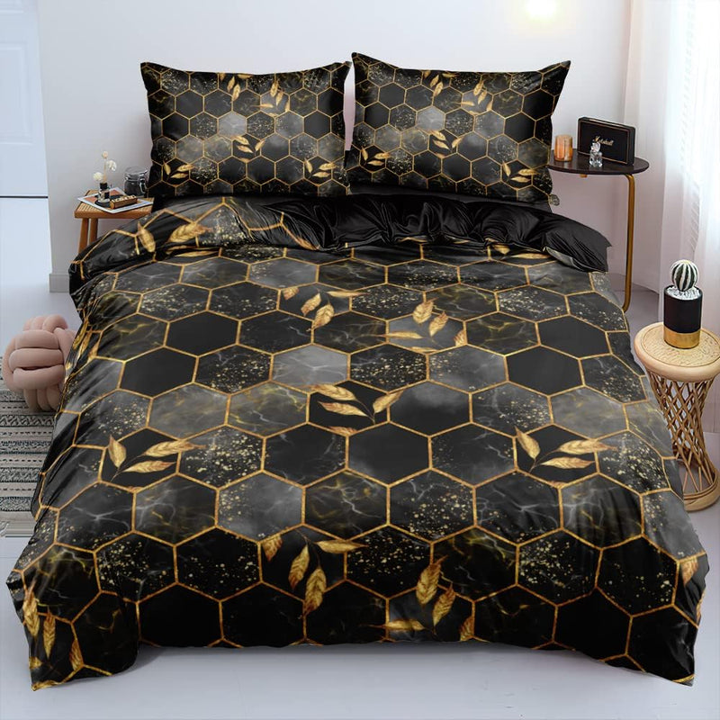 Karierte Bettwäsche Set 200x200 Schwarz Gold Grau Marmor Muster 3D Effekt Marmoriert Motiv Karo Bett