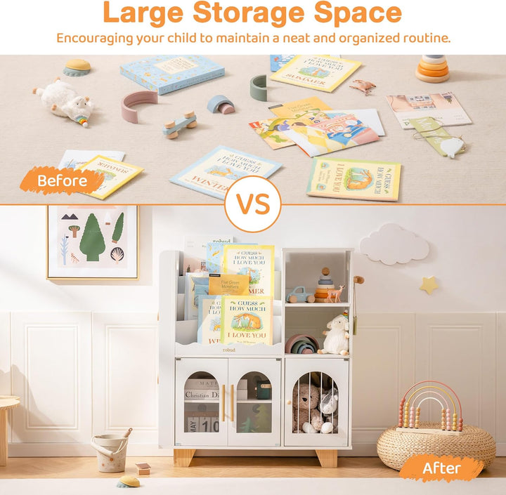 ROBUD Kinder bücherregal Weiss, Holz Standregal,mehrstufig, mit Spielzeugaufbewahrungszone, Kindersc