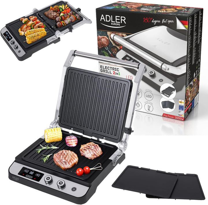 Adler AD 3059 Elektrischer Grill 2 in 1 Elektrogrill mit Kontaktgrill und Tischgrill Funktion 3000W