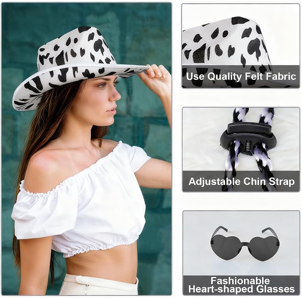 Western Cowboyhut Set, Cowboyhut mit Kuhmotiv, Westernhut 3PCS, Herzförmige Sonnenbrille und Kopftuc