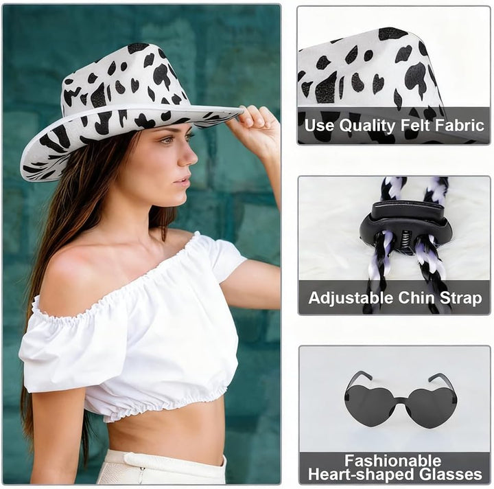 Western Cowboyhut Set, Cowboyhut mit Kuhmotiv, Westernhut 3PCS, Herzförmige Sonnenbrille und Kopftuc
