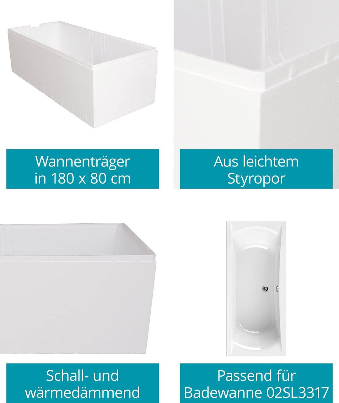 Calmwaters® Wannenträger 180 x 80 cm Modern Curved, Passend für Rechteck-Badewanne 180x80 cm, Styrop