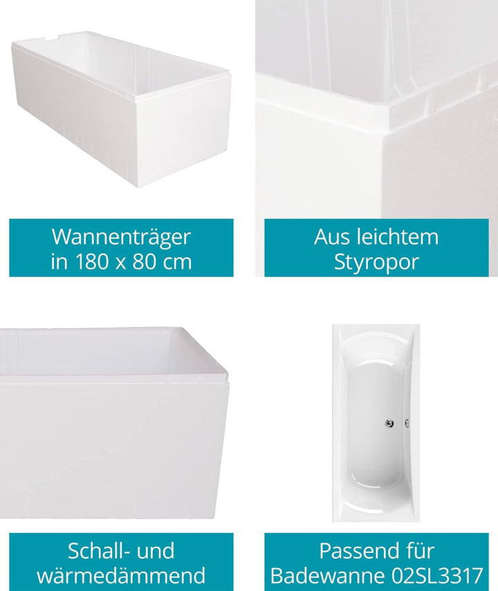 Calmwaters® Wannenträger 180 x 80 cm Modern Curved, Passend für Rechteck-Badewanne 180x80 cm, Styrop