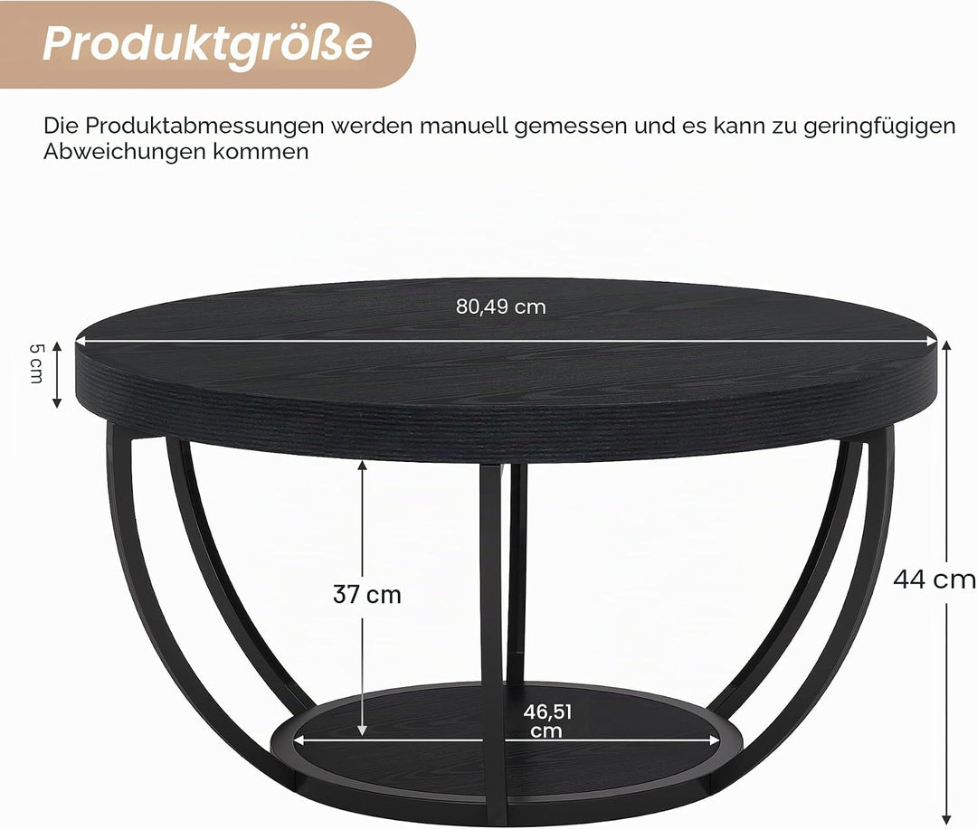 Tribesigns Couchtisch rund Ø80 cm, Industrial 2-Tier-Kreis Couchtisch mit Stauraum, Holztisch Akzent