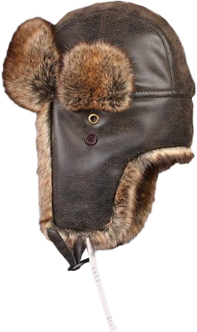 Unisex Wintermütze Fliegermütze Trappermütze mit Kunstleder Fellmütze Herren Russenmütze, Braun