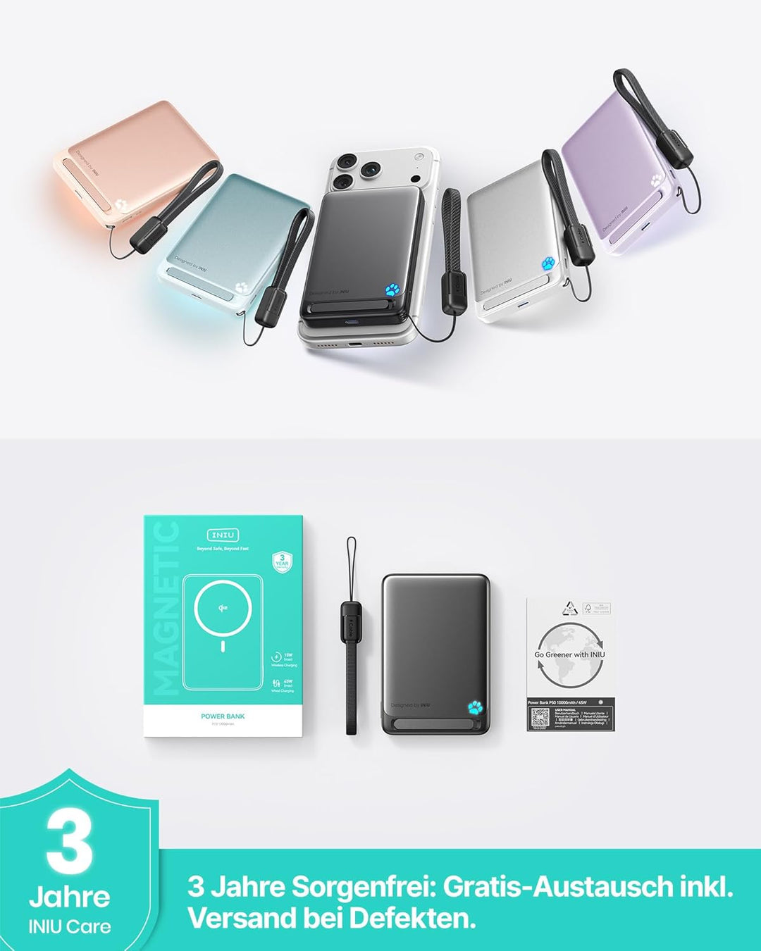 INIU für Magsafe Power Bank, Schlanksten 10000mAh Qi2-zertifiziert 15W Magnetische Powerbank, 45W Ul
