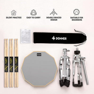 Donner Drum Practice Pad mit Snare Drum Ständer Kit, 3 Paar Drumsticks mit Tasche, Drum Gele silber,