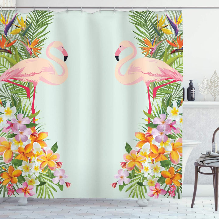 ABAKUHAUS Flamingo Duschvorhang, Tropische Blumen Tiere, mit 12 Ringe Set Wasserdicht Stielvoll Mode