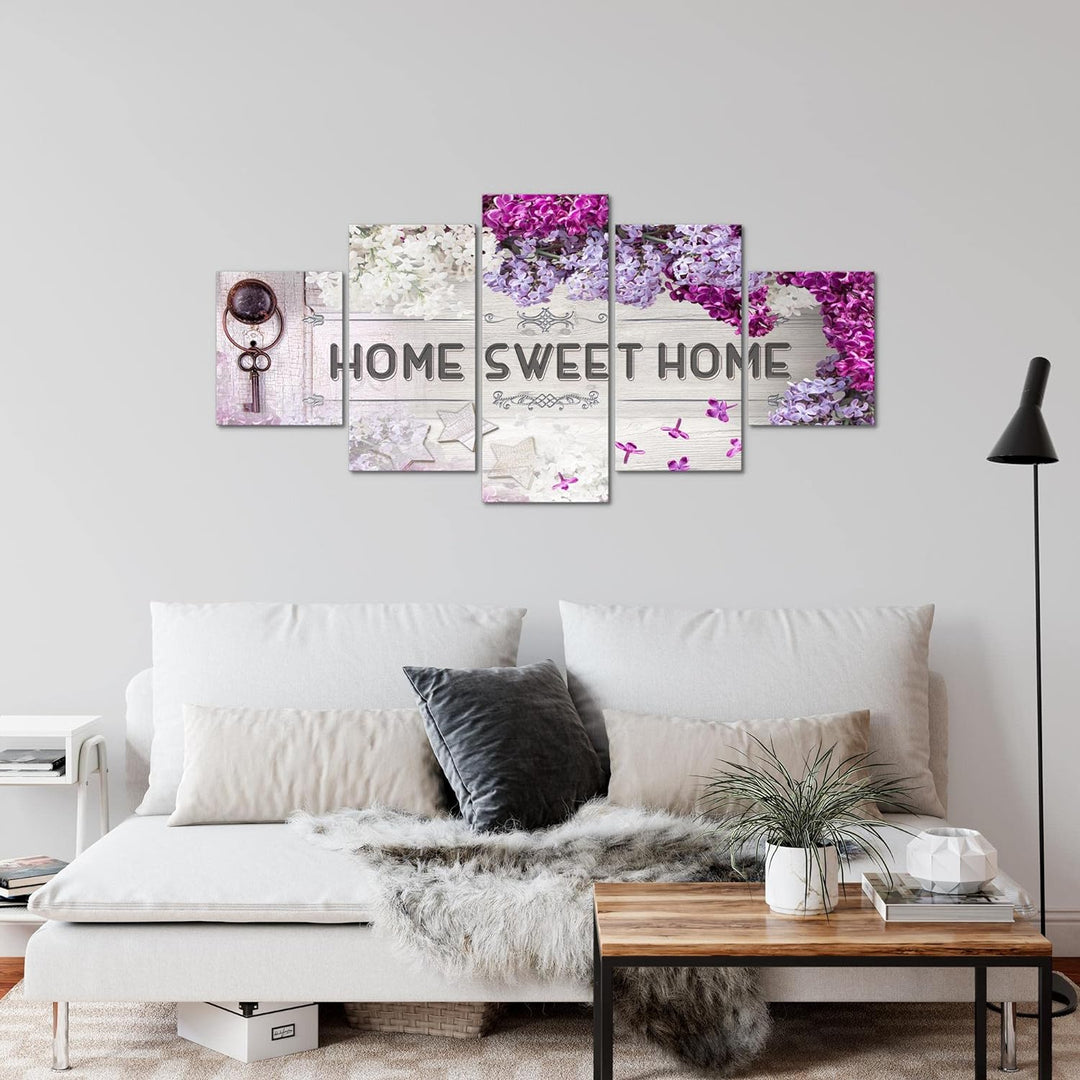 Runa Art Wandbilder Home Sweet Home 5 Teilig Bild auf Vlies Leinwand Deko Wohnzimmer Flieder Violett
