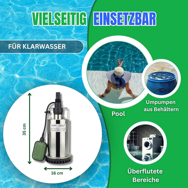 Flachsaugpumpe Edelstahl 750 Watt Kellerpumpe, Tauchpumpe, Poolpumpe