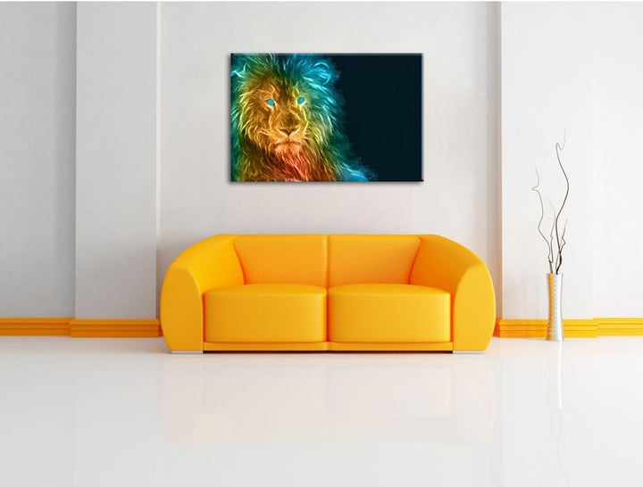 Pixxprint Dark - Löwe mit blauen Augen als Leinwandbild/Grösse: 100x70 cm/Wandbild/Kunstdruck/fertig