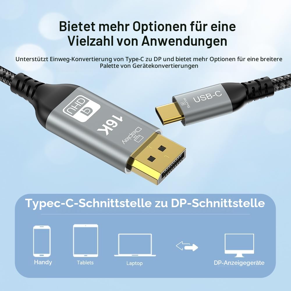 YIWENTEC USB-C zu DisplayPort 2.1 Kabel, 40Gbps, 16K 30Hz, 8K 60Hz, 4K 240Hz, Thunderbolt 4/3 zu DP,