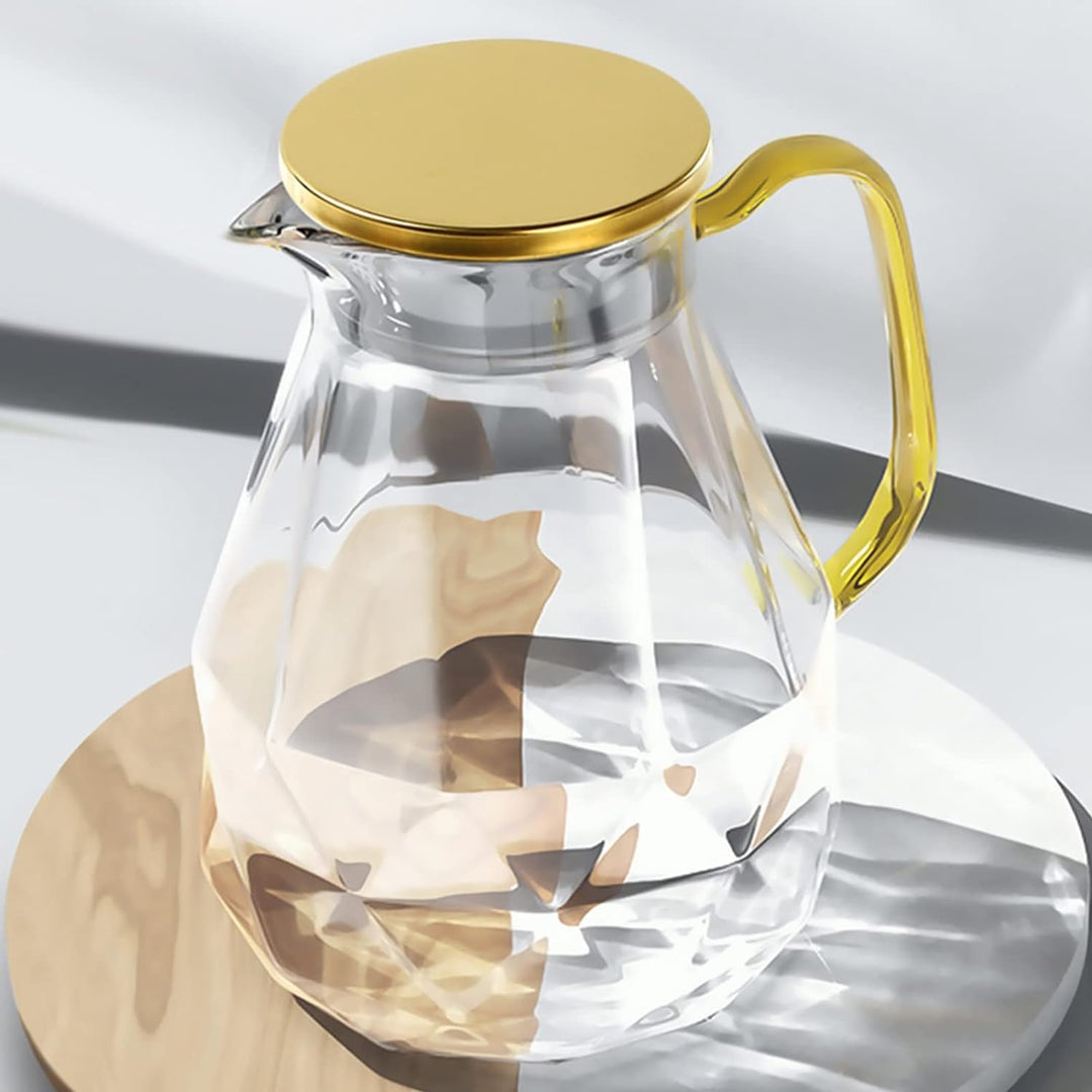 DUJUST Glaskaraffe mit goldenem Deckel 2 Liter, Wasserkaraffe im Modernen Diamant Design, Glaskrug m