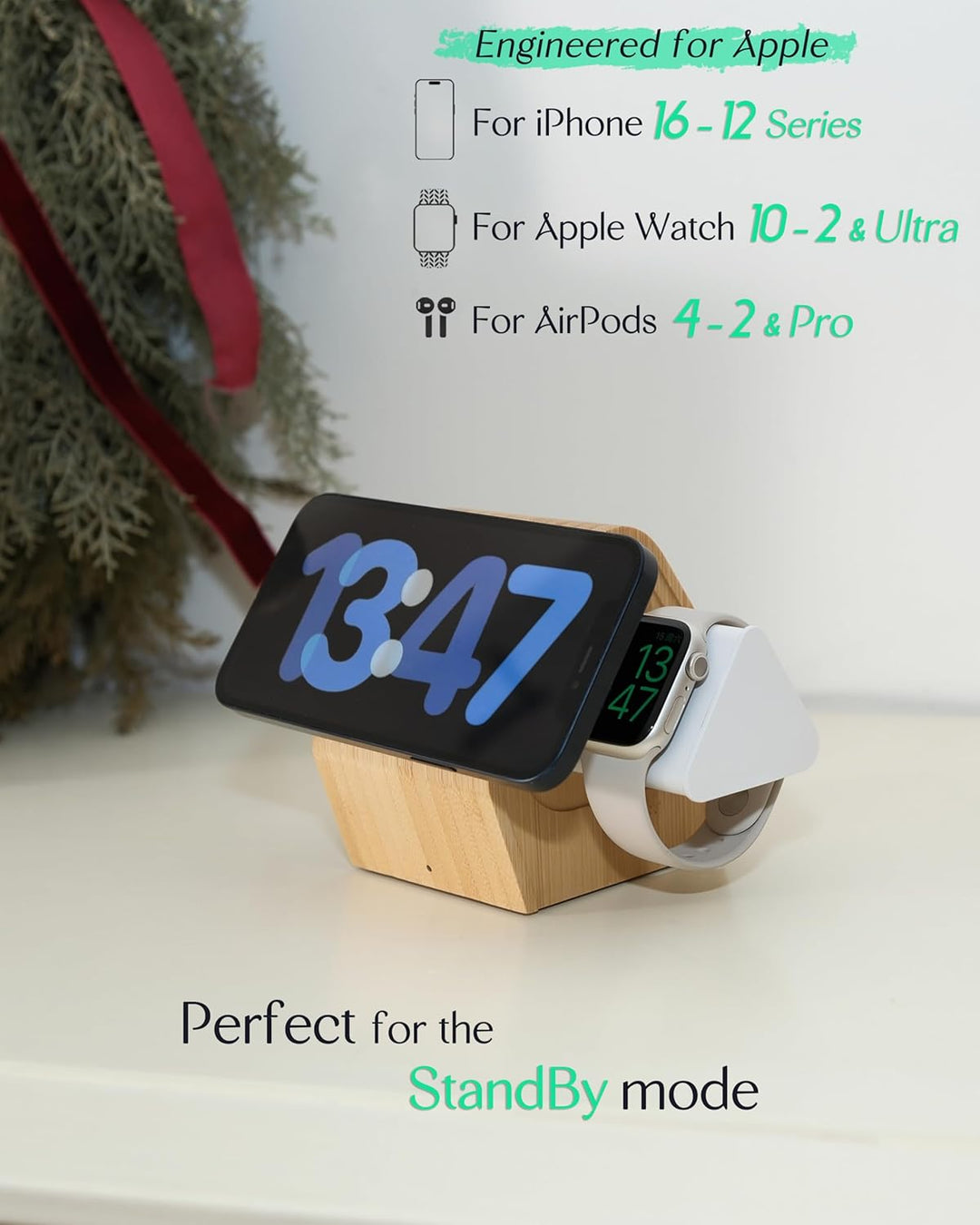 Kabellose Bambus-Ladestation für Apple: 3-in-1-Ladeständer mit Kabinen-Stil für iPhone 16, 15, 14, 1