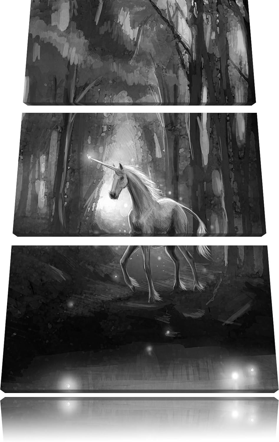 Pixxprint Einhorn im Zauberwald / 3-Teilig/Gesamtmass 120cm Leinwandbild bespannt auf Holzrahmen/Wan