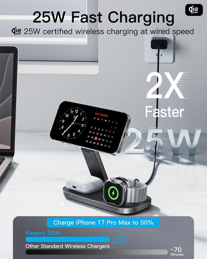 25W 3-in-1 Kabellose Ladestation mit MagSafe, Faltbare Induktives Magnetische Ladegerät für iPhone 1