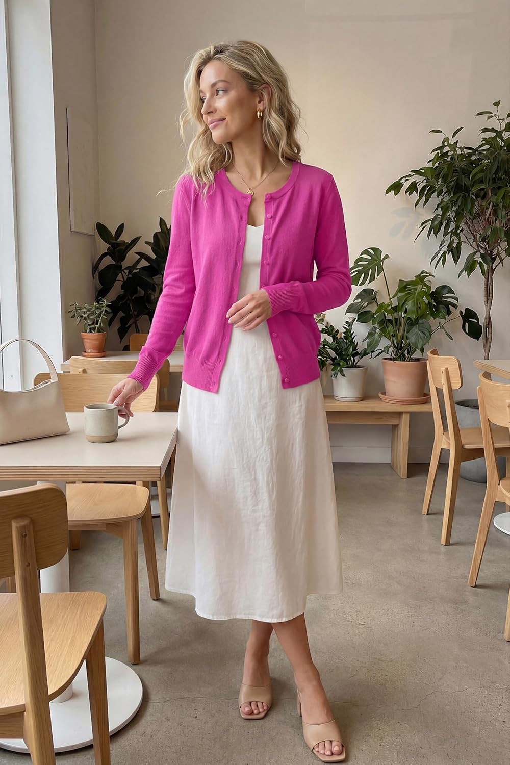 VOTEPRETTY Leichter Strickjacke Damen Cardigan Kurzarm/Langarm Sommer Solid Top Langarm M Rosarot, L